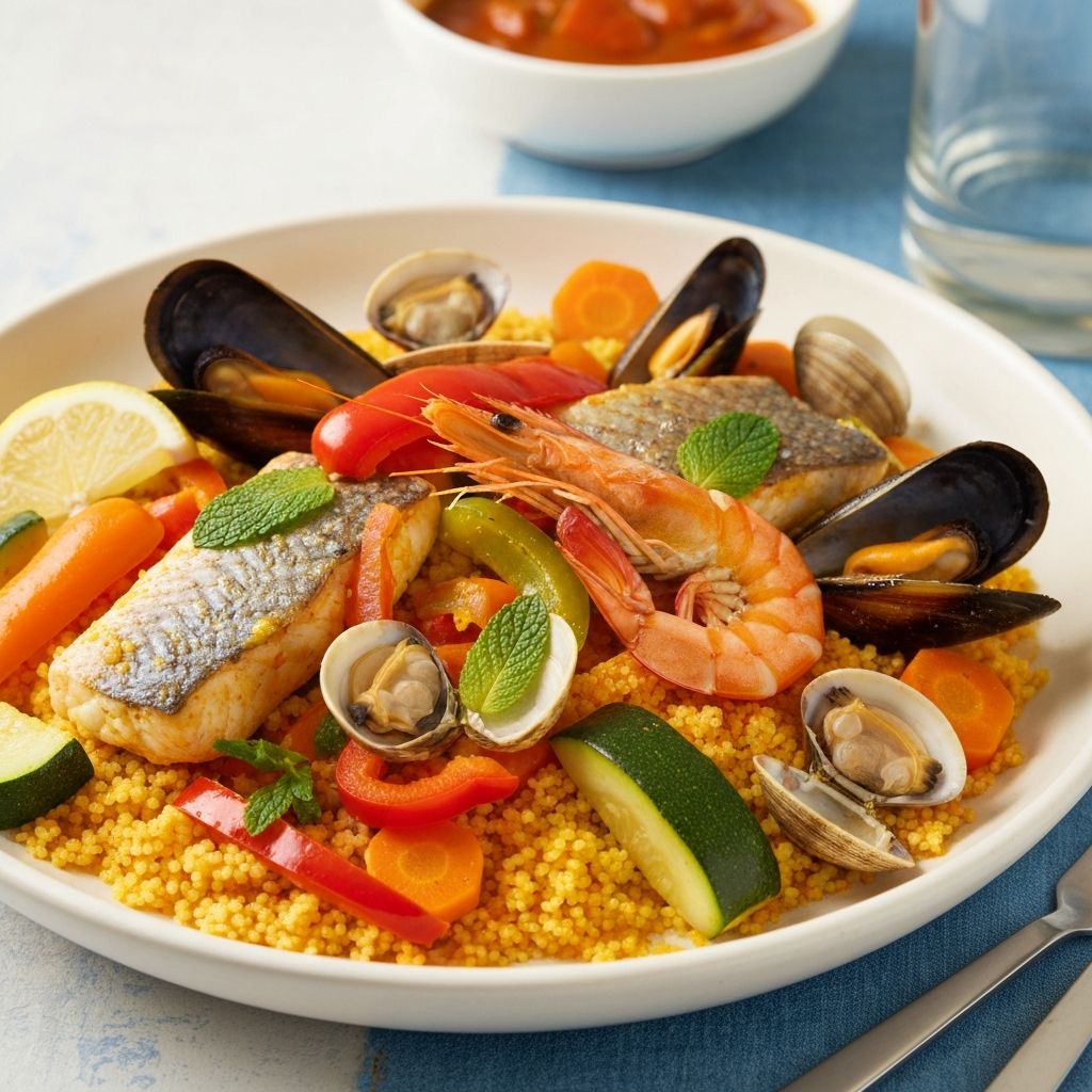 Moroccan Seafood Couscous with Fish, Shrimp & Mussels